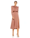 Mac Duggal High Neck Long Sleeve Midi Dress In Mauve In Burgundy