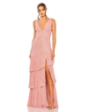 Mac Duggal Sequin Asymmetrical Ruffle Tiered Gown In Coral