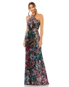 Mac Duggal Sequin Embellished Crossover Halter Neck Gown In Black Multi