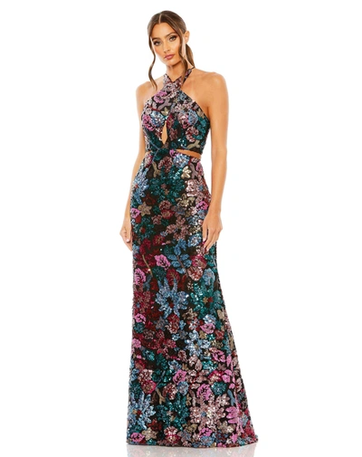 Mac Duggal Sequin Embellished Crossover Halter Neck Gown In Black Multi