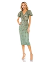 Mac Duggal Sequn Floral Flutter Sleeve Sheath Dress In Sage
