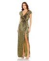 Mac Duggal Sequin Wrap Front Sheath Gown In Olive