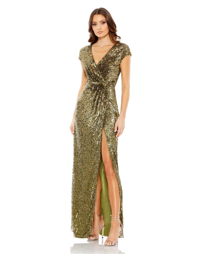 MAC DUGGAL GREEN SEQUINED FAUX WRAP CAP SLEEVE GOWN