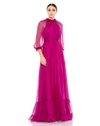 Mac Duggal Chiffon Ruched Illusion Raglan Sleeve Ruffled Gown In Magenta