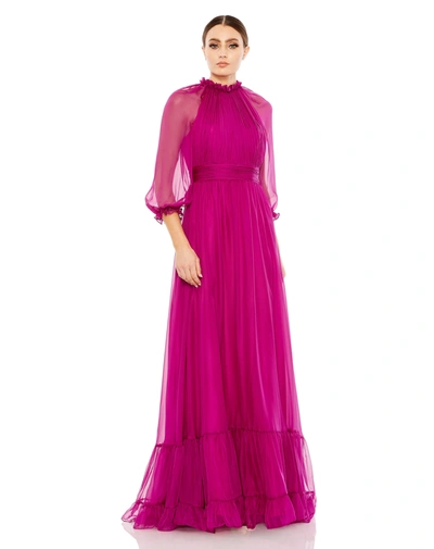 Mac Duggal Chiffon Ruched Illusion Raglan Sleeve Ruffled Gown In Magenta