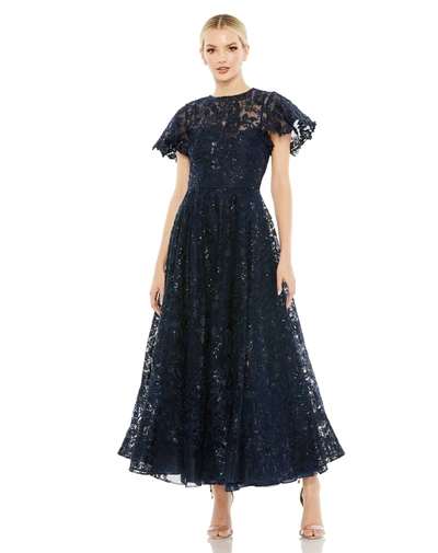 Mac Duggal Embroidered High Neck Cap Sleeve A Line Gown In Navy