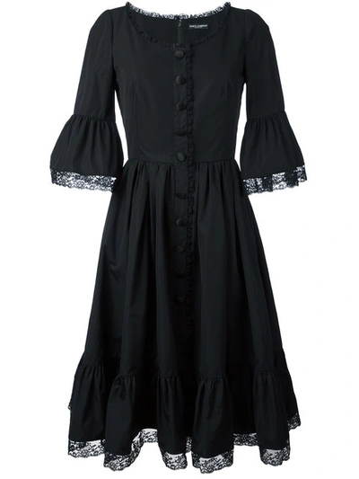 Dolce & Gabbana Flared Cotton Poplin & Lace Midi Dress In Black