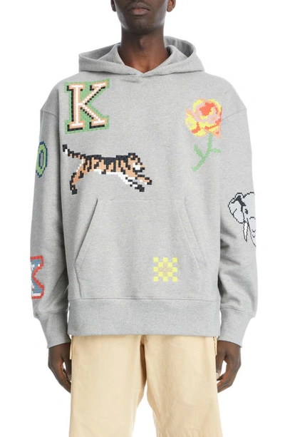 Kenzo Oversize Embroidered Pixel Stretch Cotton Hoodie In Gris Perle