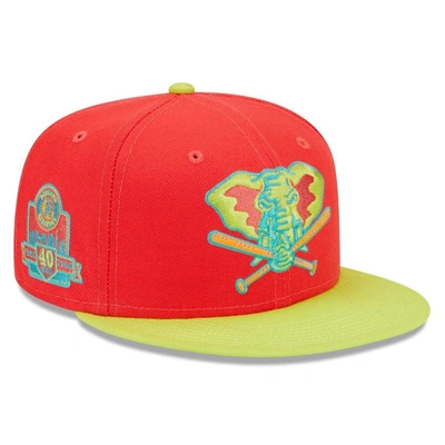 New Era Red/neon Green Oakland Athletics 40th Anniversary  Lava Highlighter Combo 59fifty Fitted Hat In Red,neon Green