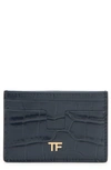 Tom Ford T-line Croc Embossed Leather Card Holder In Black