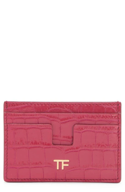 Tom Ford Croc Embossed Patent Leather Card Holder In Pink