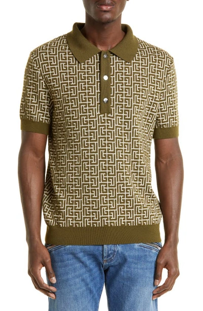 Balmain Monogram Jacquard Merino Wool Blend Polo In Ivory