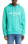 Balmain Logo-print Hoodie In Vert D Eau Blanc