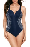 Miraclesuit Plus Size Precioso Temptress Tummy Control One Piece Swimsuit In Midnight Blue/ White