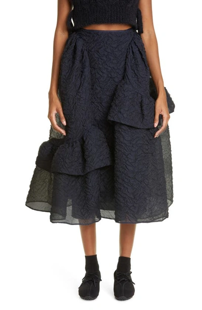 Cecilie Bahnsen Damara Skirt With Asymmetrical Ruffle On Side Panel In Navy Blue