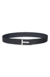 Tom Ford Adjustable Grained Calf Leather Belt In Dark Navy/ Black