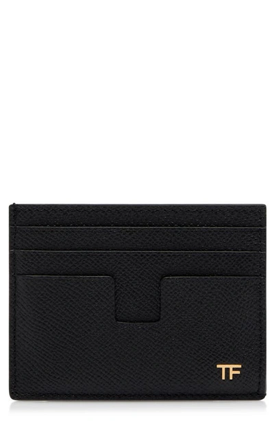 Tom Ford T-line Small Grain Calfskin Leather Card Holder In Black