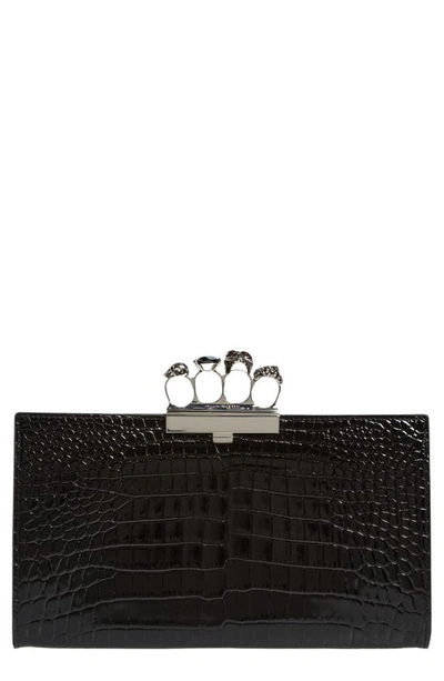 Alexander Mcqueen Skull Four-ring Snakeskin-embossed Leather Flat Pouch In 1000 Black