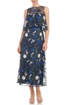 JS COLLECTIONS AMIRA FLORAL LACE OVERLAY RUFFLE TRIM MAXI DRESS