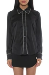 Alexia Admor Rachel Rhinestone Trim Satin Button-up Blouse In Black