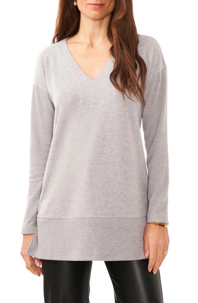 Vince Camuto Drop Shoulder Cozy V-neck Knit Top In Silver Heather