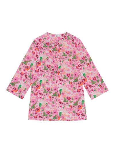 Ganni Open Tie Band Blouse In Sugar Plum In Pink