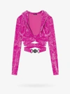 Versace 'medusa Biggie' Fuchsia Crop Hoodie Top With Criss-cross Belt In Crushed Velvet Woman In Pink