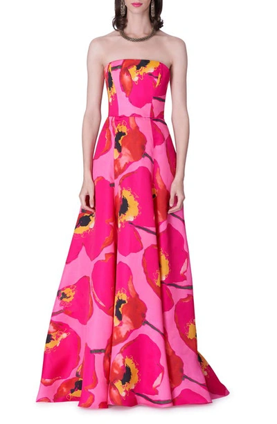 Carolina Herrera Strapless Floral-print A-line Silk Gown In Pink Multi