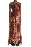 Johanna Ortiz Victoria Falls Printed Recycled Crepe De Chine Halterneck Maxi Dress In Black/ Red Plum/ Turquoise