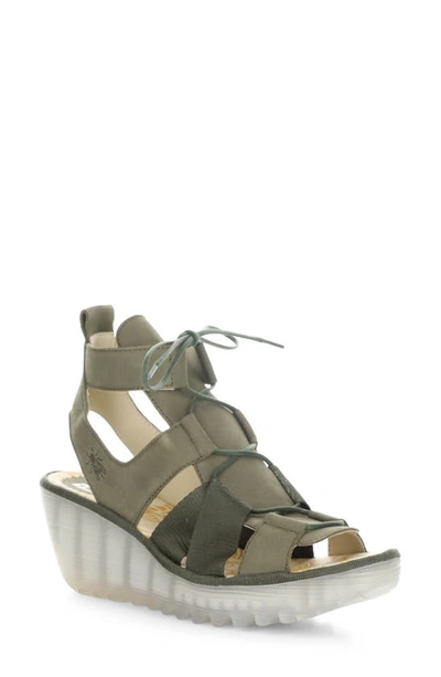 Fly London Yaca Platform Wedge Sandal In Green