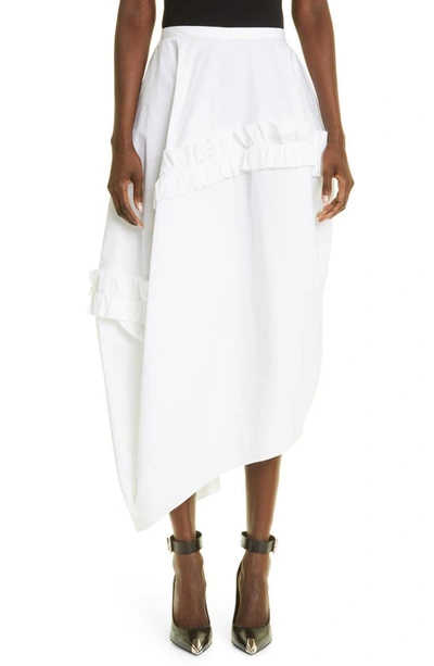 Alexander Mcqueen Ruffle Cotton Poplin Midi Skirt In White