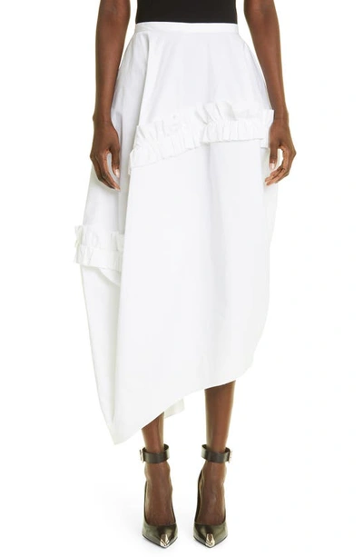 Alexander Mcqueen Ruffle Cotton Poplin Midi Skirt In Weiss