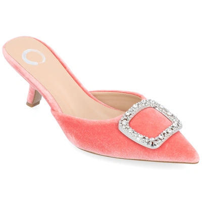 Journee Collection Women's Rishie Ornamented Kitten Heel Velvet Slip On Pumps In Pink