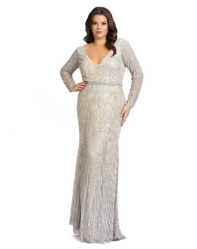 Mac Duggal Sequined Long Sleeve Plunge Neck Gown In Platinum Gold