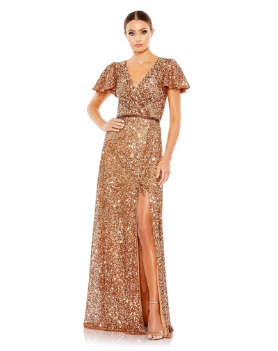 Mac Duggal Sequined Wrap Over Butterfly Sleeve Draped Gown In Copper