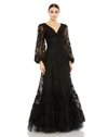 MAC DUGGAL PUFF SLEEVE A-LINE EMBROIDERED GOWN