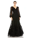 Mac Duggal V Neck Puff Sleeve A Line Embroidered Gown In Black