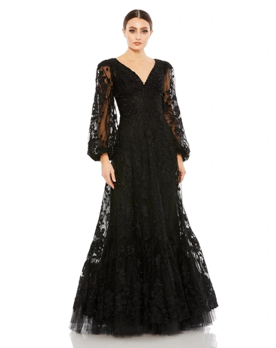 Mac Duggal V Neck Puff Sleeve A Line Embroidered Gown In Black