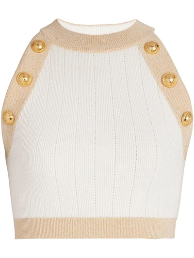 Balmain Button-detail Crop Top In White,gold