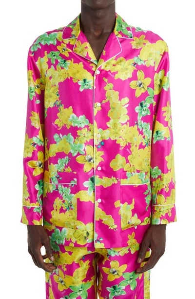 Versace Orchid Print Silk Pyjama Shirt In 5p010 Fuxia+multicol