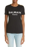 Balmain Button Shoulder Cotton Logo Graphic Tee In Noir Blanc