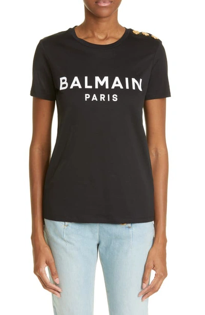 Balmain Button Shoulder Cotton Logo Graphic Tee In Black/ White