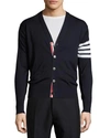 Thom Browne V-neck Cardigan In Fine Merino Wool With Distinctive Stripes In Navy