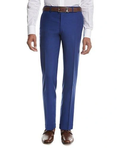 Kiton Tropical Wool-cashmere Flat-front Trousers, High Blue