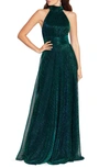 Betsy & Adam Metallic Sleeveless Halter Neck Open Back Gown In Jade