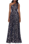 BETSY & ADAM ONE-SHOULDER METALLIC FLORAL PRINT CUTOUT GOWN