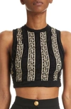 Balmain Monogram Stripe Wool Blend Crop Top In Ivory/ Black