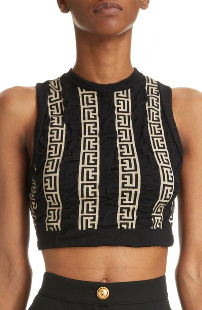 Balmain Sleeveless Monogram Striped Cropped Top In Black