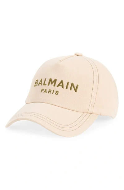 Balmain Logo Cotton Twill Baseball Cap In Beige