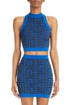 Balmain Pharaon Metallic Monogram Jacquard Crop Tank In Electric Blue/ Black/